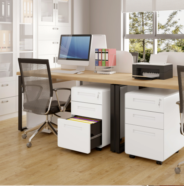 Metalen Dossierkast met Slot – 3 Lades, Verrijdbaar Onder Bureau