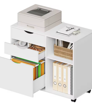 Witte Verrijdbare Dossierkast met 3 Lades – Hangmappen & Open Vakken