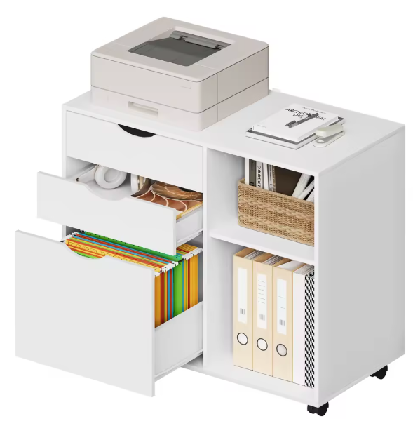 Witte Verrijdbare Dossierkast met 3 Lades – Hangmappen & Open Vakken