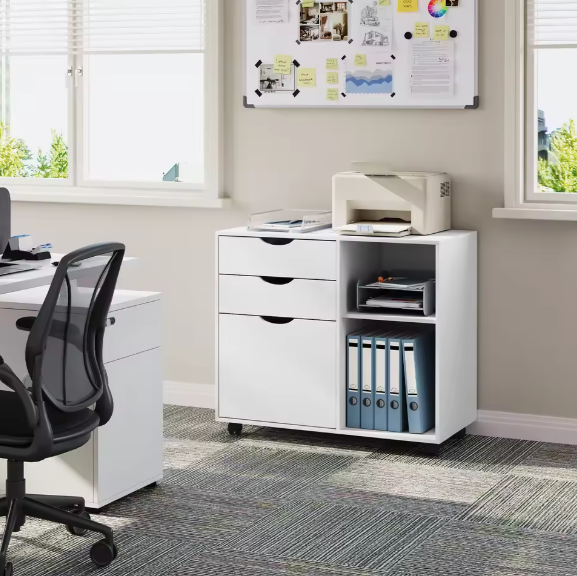 Witte Verrijdbare Dossierkast met 3 Lades – Hangmappen & Open Vakken