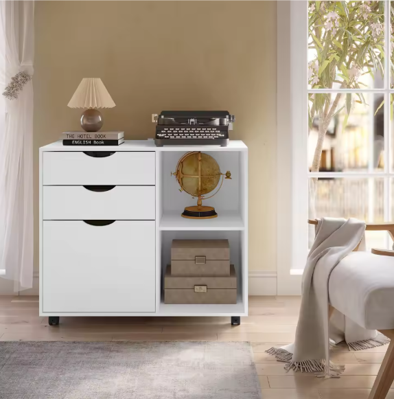 Witte Verrijdbare Dossierkast met 3 Lades – Hangmappen & Open Vakken