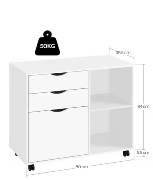 Witte Verrijdbare Dossierkast met 3 Lades – Hangmappen & Open Vakken