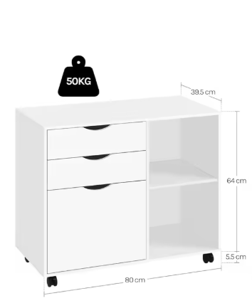Witte Verrijdbare Dossierkast met 3 Lades – Hangmappen & Open Vakken