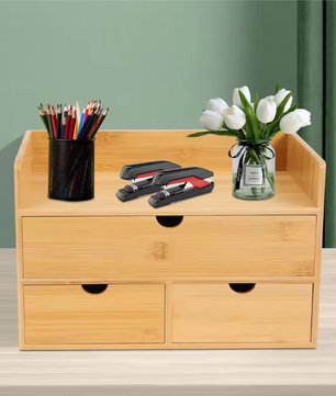 Bamboe Bureau Organizer met 3 Lades – Natuurlijke Opbergdoos met Handvat