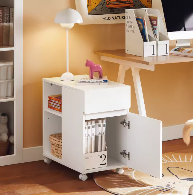Mobiele Printerkast met Lade en Deur – Witte Opbergkast op Wielen