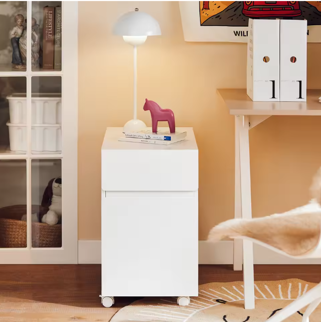 Mobiele Printerkast met Lade en Deur – Witte Opbergkast op Wielen