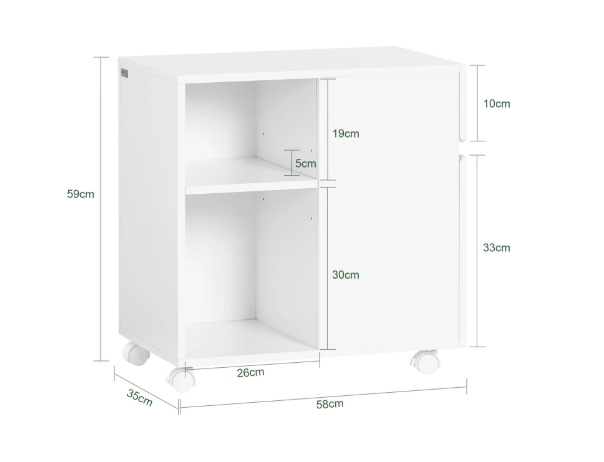 Mobiele Printerkast met Lade en Deur – Witte Opbergkast op Wielen
