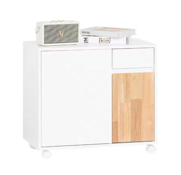 Mobiele Printerkast met Lade en Deuren – Witte Opbergkast op Wielen