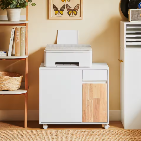 Mobiele Printerkast met Lade en Deuren – Witte Opbergkast op Wielen