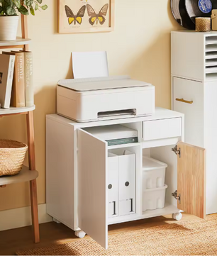 Mobiele Printerkast met Lade en Deuren – Witte Opbergkast op Wielen