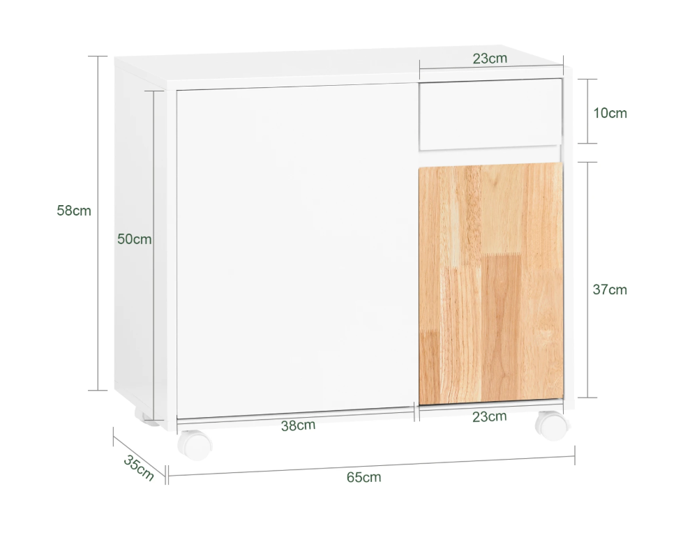 Mobiele Printerkast met Lade en Deuren – Witte Opbergkast op Wielen