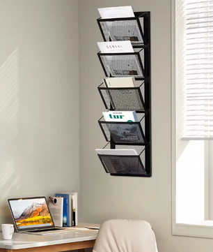 Wand Organizer met 5 Vakken – Zwarte Muurhanger voor Documenten en Tijdschriften