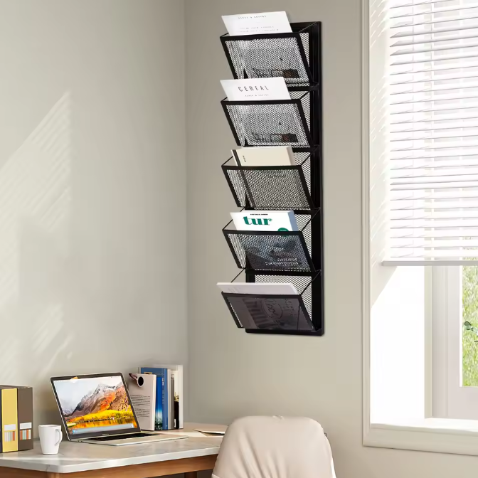 Wand Organizer met 5 Vakken – Zwarte Muurhanger voor Documenten en Tijdschriften