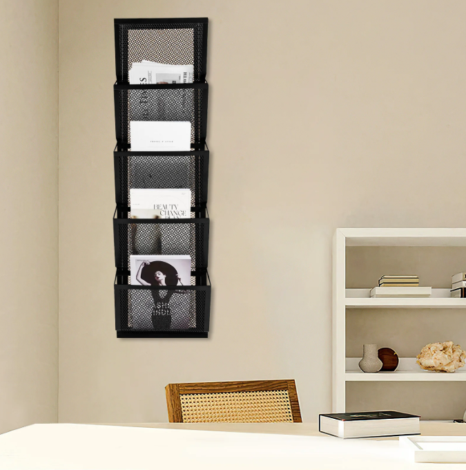 Wand Organizer met 5 Vakken – Zwarte Muurhanger voor Documenten en Tijdschriften