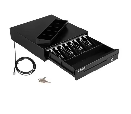 Elektronische Kassalade 41 cm – Stalen Behuizing, 12V, 5 Biljetvakken en 6 Muntvakken, met Sleutels en RJ11/RJ12 Aansluiting