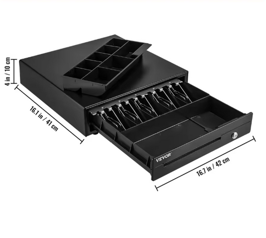 Elektronische Kassalade 41 cm – Stalen Behuizing, 12V, 5 Biljetvakken en 6 Muntvakken, met Sleutels en RJ11/RJ12 Aansluiting