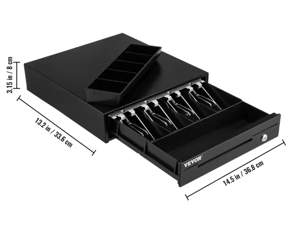 Elektronische Kassalade 41 cm – Stalen Behuizing, 12V, 5 Biljetvakken en 6 Muntvakken, met Sleutels en RJ11/RJ12 Aansluiting