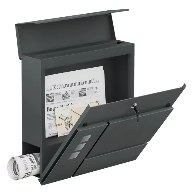 Moderne Brievenbus Antraciet – Wandmodel met Krantenhouder en Raampjes