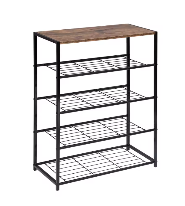 4-Laags Schoenenrek met Zitbank – Metalen en Houten Opberger voor Hal