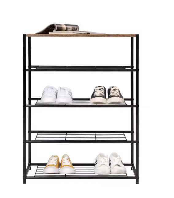 4-Laags Schoenenrek met Zitbank – Metalen en Houten Opberger voor Hal