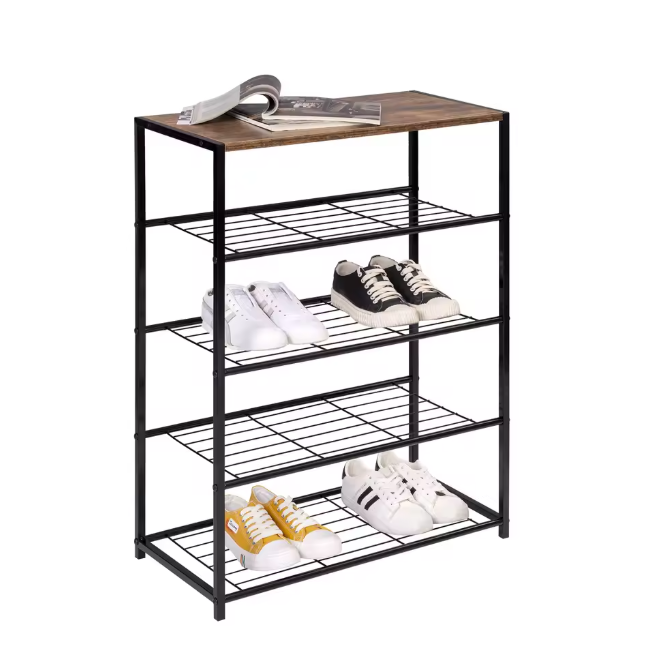 4-Laags Schoenenrek met Zitbank – Metalen en Houten Opberger voor Hal