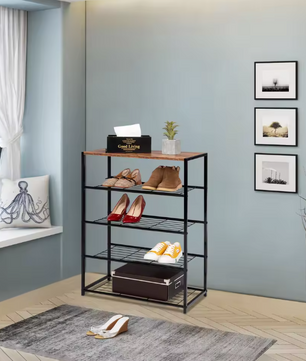 4-Laags Schoenenrek met Zitbank – Metalen en Houten Opberger voor Hal