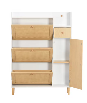 Houten Rotan Schoenenkast – Smal Model met 3 Kieplades en Lade