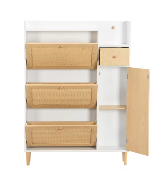 Houten Rotan Schoenenkast – Smal Model met 3 Kieplades en Lade