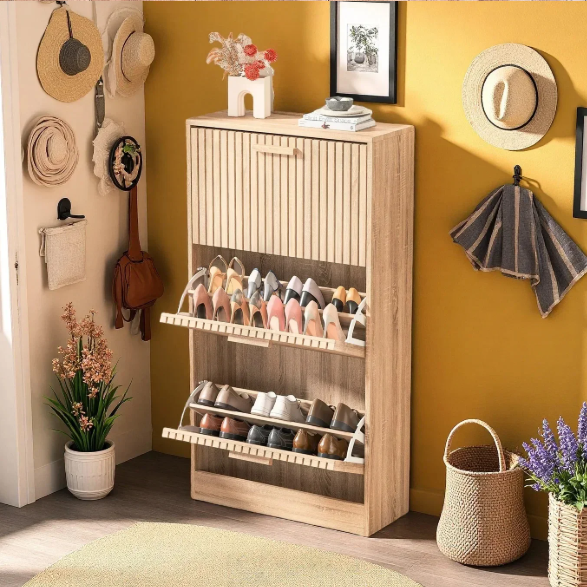 Smalle Houten Schoenenkast met 3 Kieplades – Elegant en Ruimtebesparend