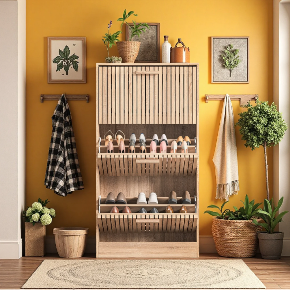 Smalle Houten Schoenenkast met 3 Kieplades – Elegant en Ruimtebesparend