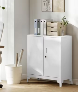 Metalen Kantoorkast met Slot – Tweelaags Opbergkast met Deuren – Wit – 80x35x91 cm