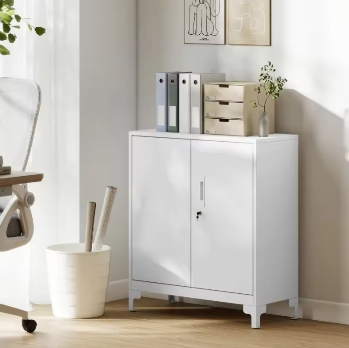 Metalen Kantoorkast met Slot – Tweelaags Opbergkast met Deuren – Wit – 80x35x91 cm