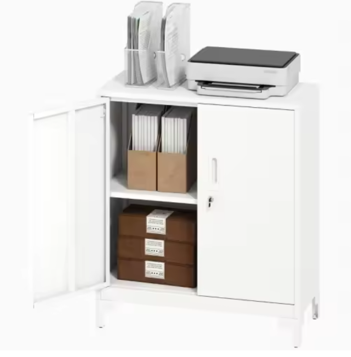 Metalen Kantoorkast met Slot – Tweelaags Opbergkast met Deuren – Wit – 80x35x91 cm