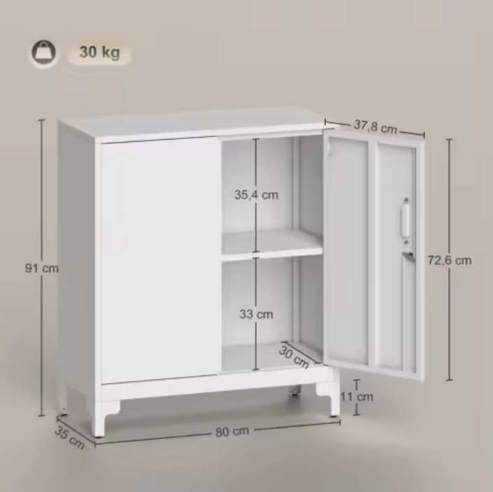 Metalen Kantoorkast met Slot – Tweelaags Opbergkast met Deuren – Wit – 80x35x91 cm