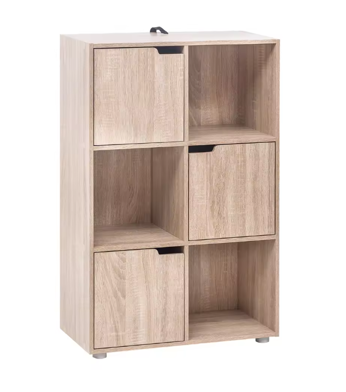 Houten Boekenkast met 6 Compartimenten en Deuren – Staande Opbergkast voor Woonkamer, Slaapkamer of Kantoor