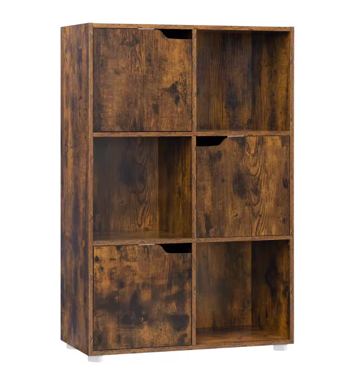 Houten Boekenkast met 6 Compartimenten en Deuren – Staande Opbergkast voor Woonkamer, Slaapkamer of Kantoor