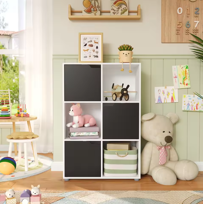 Houten Boekenkast met 6 Compartimenten en Deuren – Staande Opbergkast voor Woonkamer, Slaapkamer of Kantoor