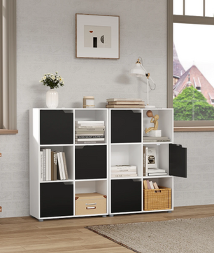 Houten Boekenkast met 6 Compartimenten en Deuren – Staande Opbergkast voor Woonkamer, Slaapkamer of Kantoor