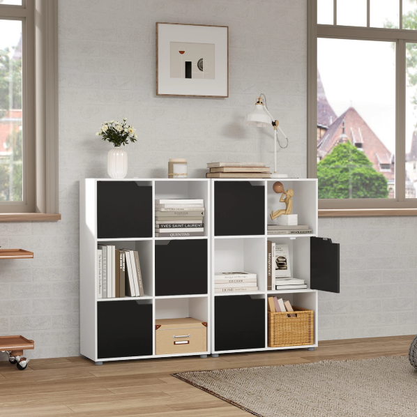 Houten Boekenkast met 6 Compartimenten en Deuren – Staande Opbergkast voor Woonkamer, Slaapkamer of Kantoor