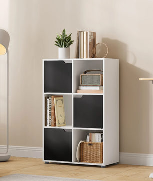 Houten Boekenkast met 6 Compartimenten en Deuren – Staande Opbergkast voor Woonkamer, Slaapkamer of Kantoor