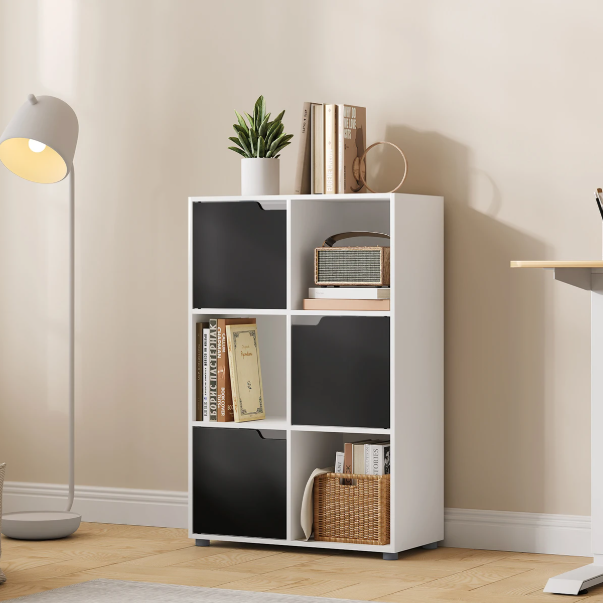 Houten Boekenkast met 6 Compartimenten en Deuren – Staande Opbergkast voor Woonkamer, Slaapkamer of Kantoor