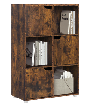 Houten Boekenkast met 6 Compartimenten en Deuren – Staande Opbergkast voor Woonkamer, Slaapkamer of Kantoor