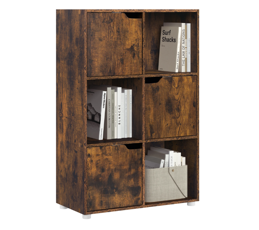 Houten Boekenkast met 6 Compartimenten en Deuren – Staande Opbergkast voor Woonkamer, Slaapkamer of Kantoor
