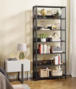 Industriële Boekenkast met 6 Planken – Hoge Houten Opbergrek met Metaal voor Woonkamer of Slaapkamer