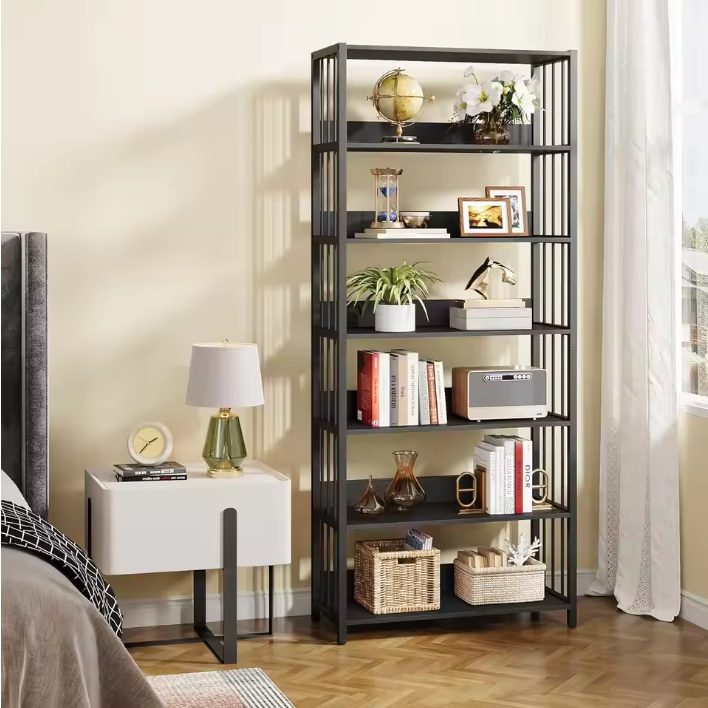 Industriële Boekenkast met 6 Planken – Hoge Houten Opbergrek met Metaal voor Woonkamer of Slaapkamer