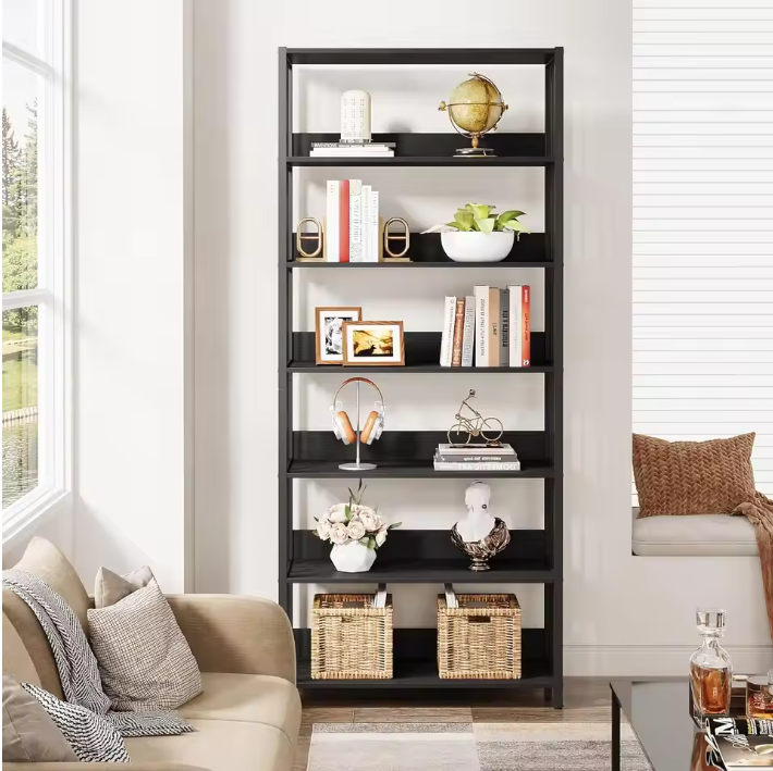 Industriële Boekenkast met 6 Planken – Hoge Houten Opbergrek met Metaal voor Woonkamer of Slaapkamer