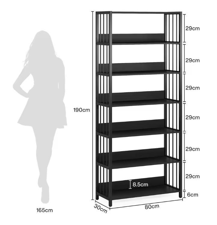 Industriële Boekenkast met 6 Planken – Hoge Houten Opbergrek met Metaal voor Woonkamer of Slaapkamer