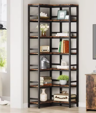 Hoge Industriële Hoekboekenkast met 7 Planken – Houten Opbergrek met Zwart Metalen Frame