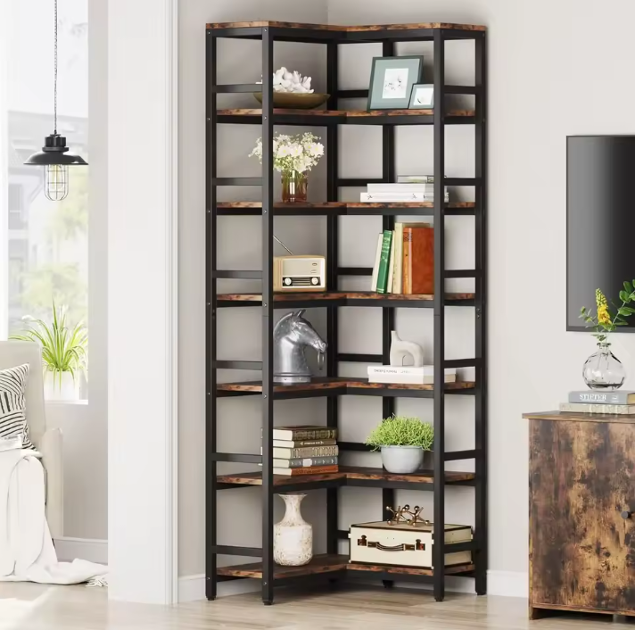 Hoge Industriële Hoekboekenkast met 7 Planken – Houten Opbergrek met Zwart Metalen Frame