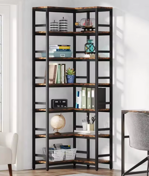 Hoge Industriële Hoekboekenkast met 7 Planken – Houten Opbergrek met Zwart Metalen Frame